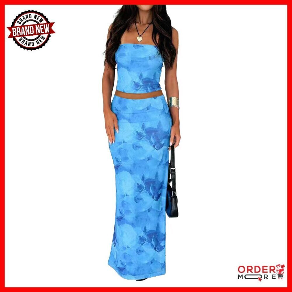 Floral Tube Top Maxi Skirt Set, 2-Piece Summer Outfit, Polyester Spandex